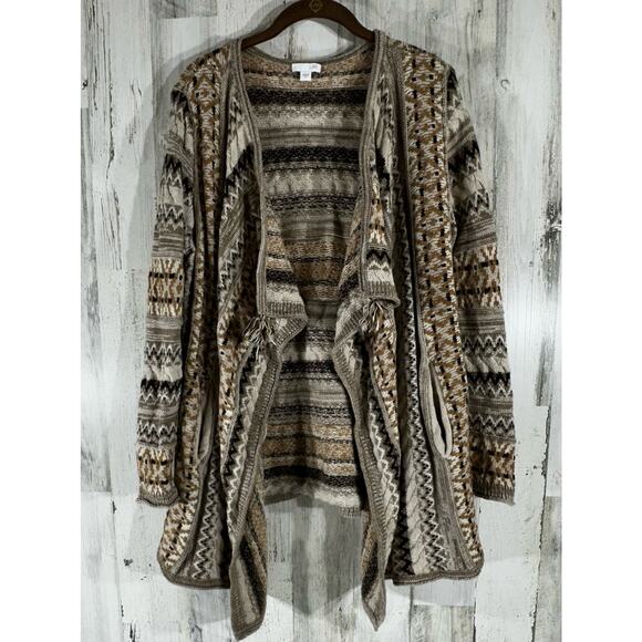 J Jill Cardigan Sweater Size Small Wool Alpaca Brown Neutrals Stripe Open Front - Picture 1 of 6